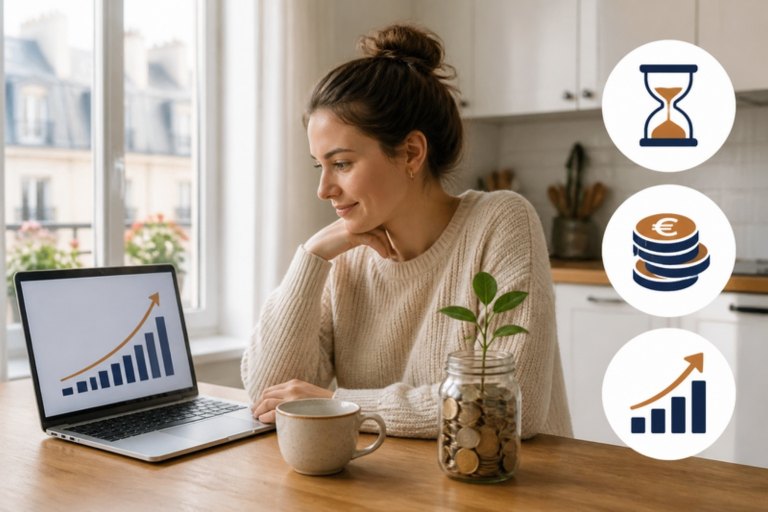 Woman reviewing investment growth on a laptop, illustrating compound interest