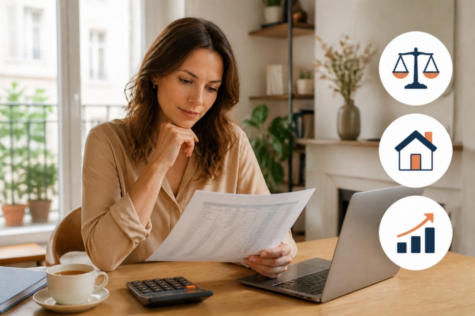 Woman calculating her net worth with a balance sheet and calculator