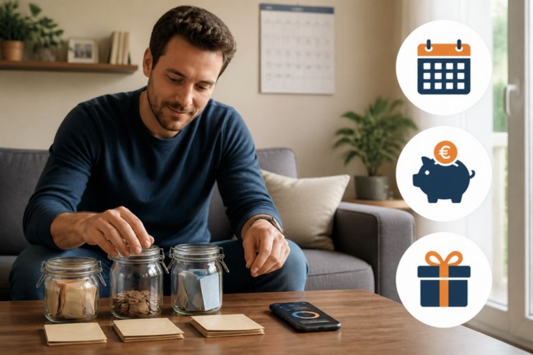 Man organising savings jars for a sinking fund for irregular expenses